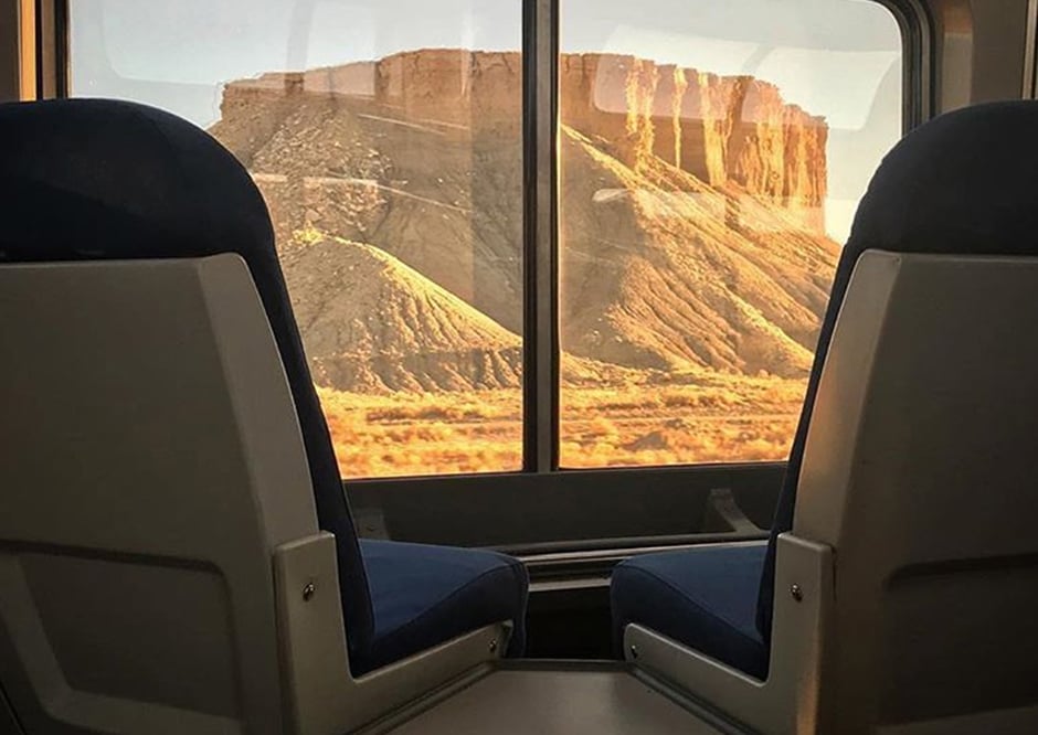 View of national park from inside an Amtrak train