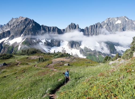 woman walking in Cascade Mountains