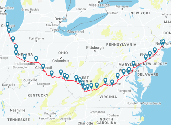 Route map of Amtrak's Cardinal Route