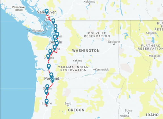 Amtrak Cascades train route map