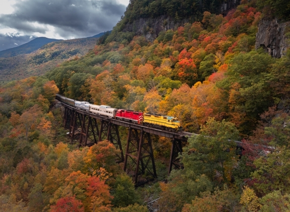 Scenic train at Trestle bridge in North Conway in Autumn, New Hampshire