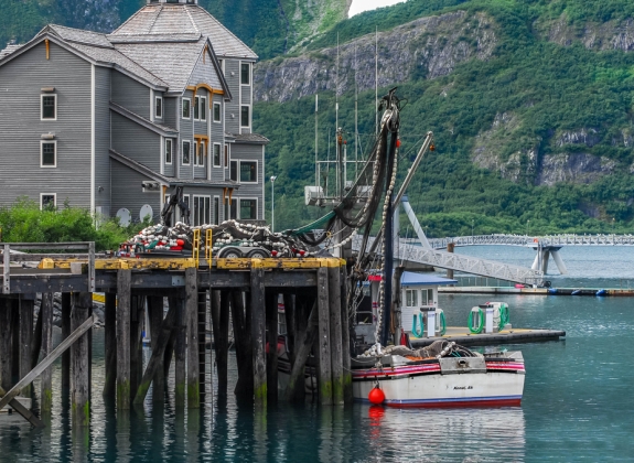 Scenic fishing pier in Whittier Alaska on Prince William Sound
