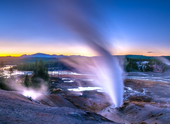Beautiful Vibrant Geysers in Norris Basin Yellowstone after Sunset