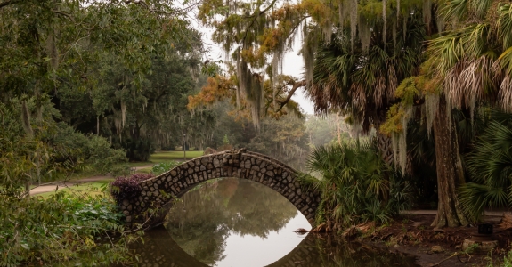 Bridge over a river duing a foggy morning. Taken in City Park, New Orleans, Louisiana, United States.