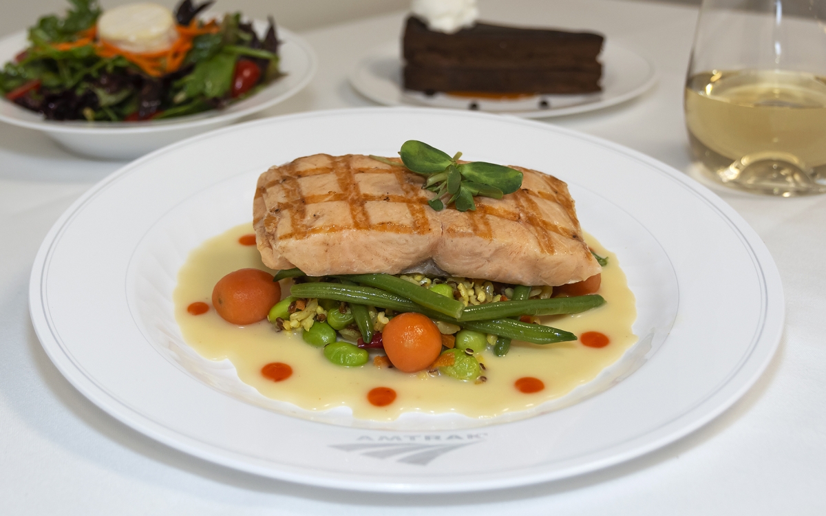 onboard amtrak traditional dining - salmon dinner meal
