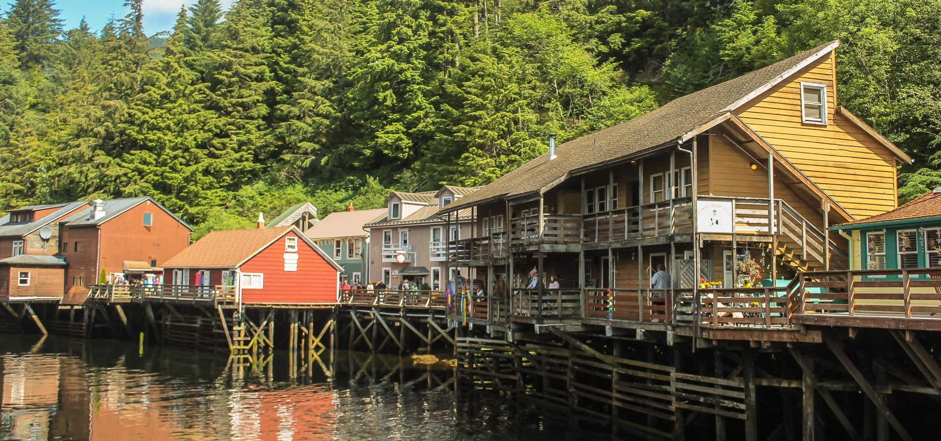 Suspended houses on a small Alaskan river in Skagway ,Alaska