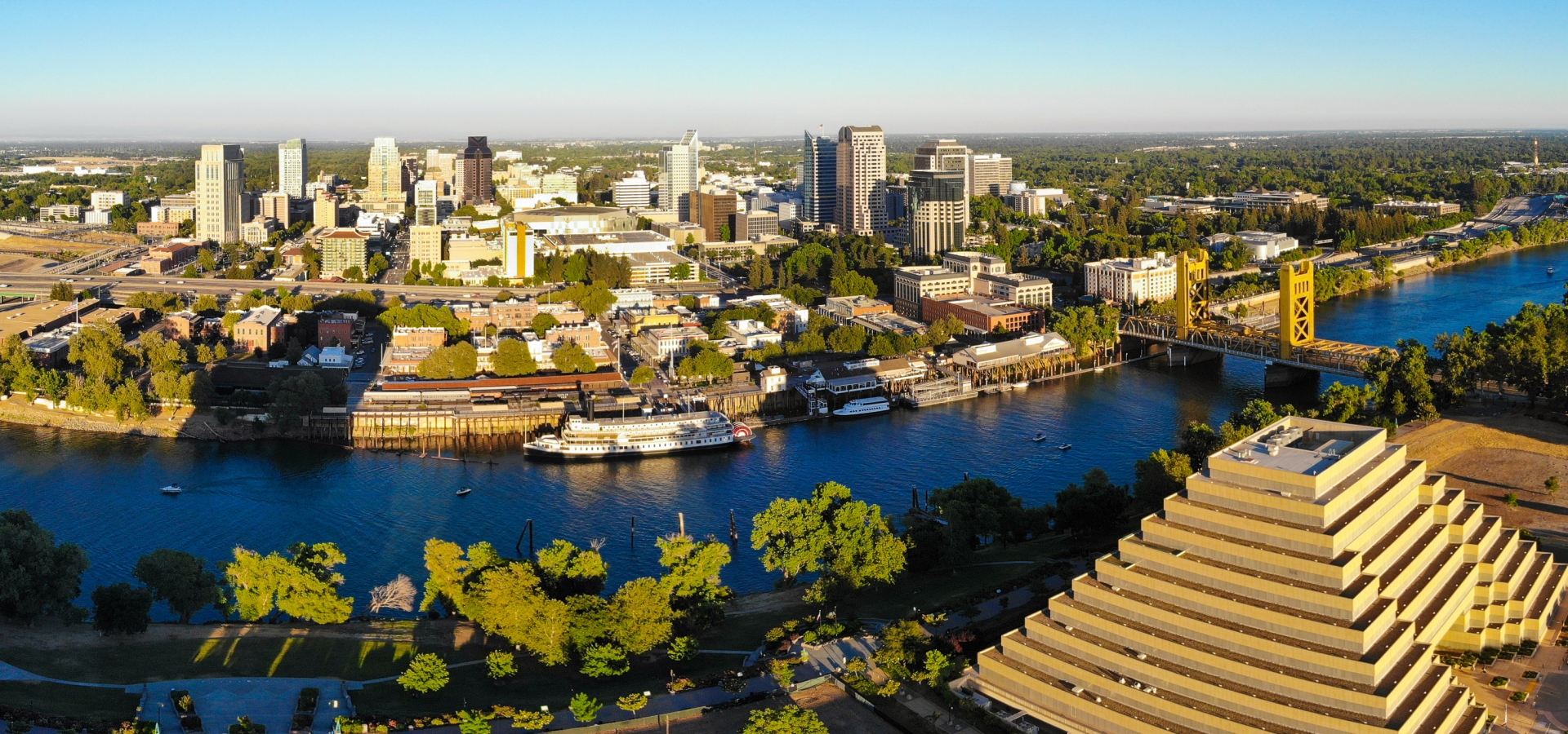 Panoramic Aerial View of Sacramento Downtown, river and tower bridge.