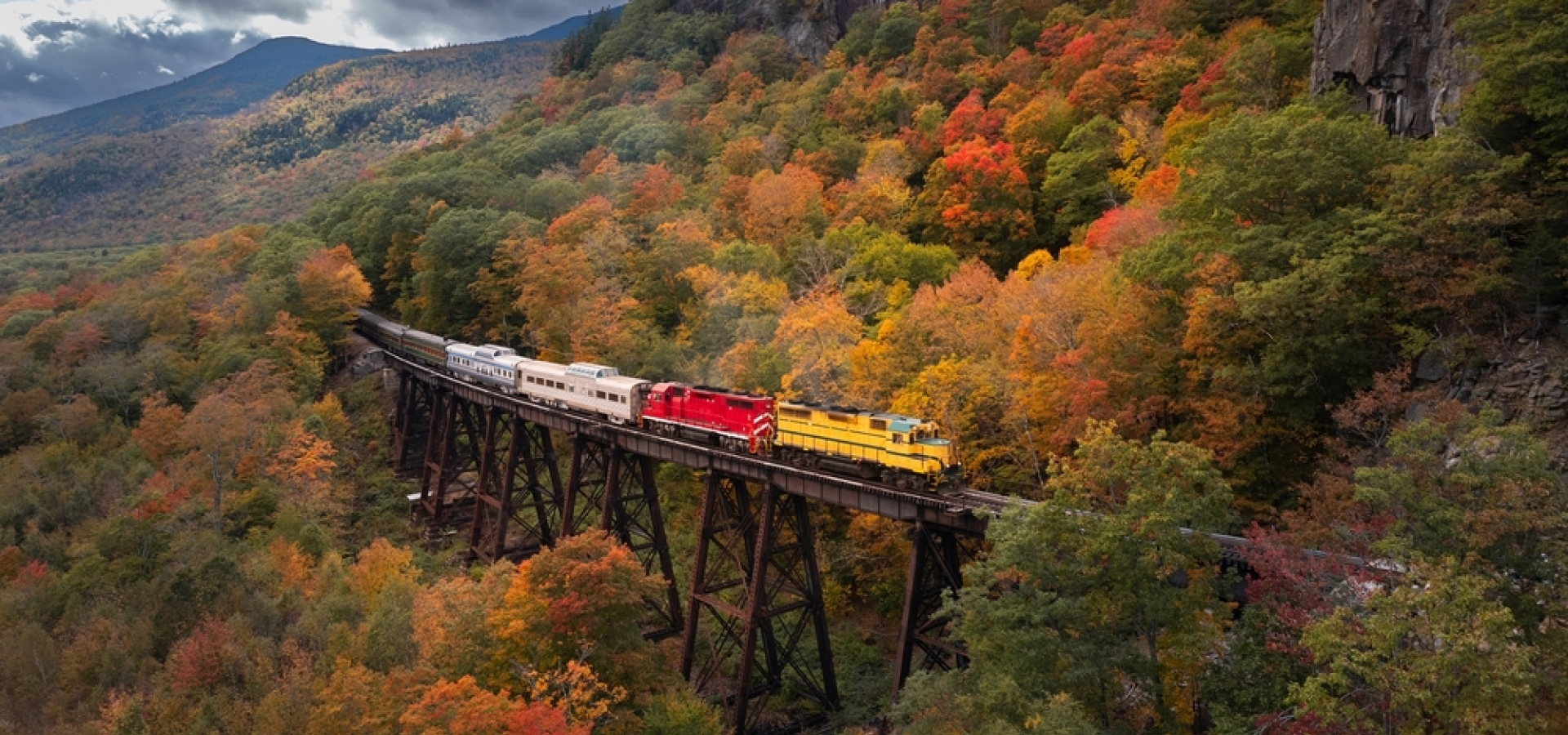 Scenic train at Trestle bridge in North Conway in Autumn, New Hampshire