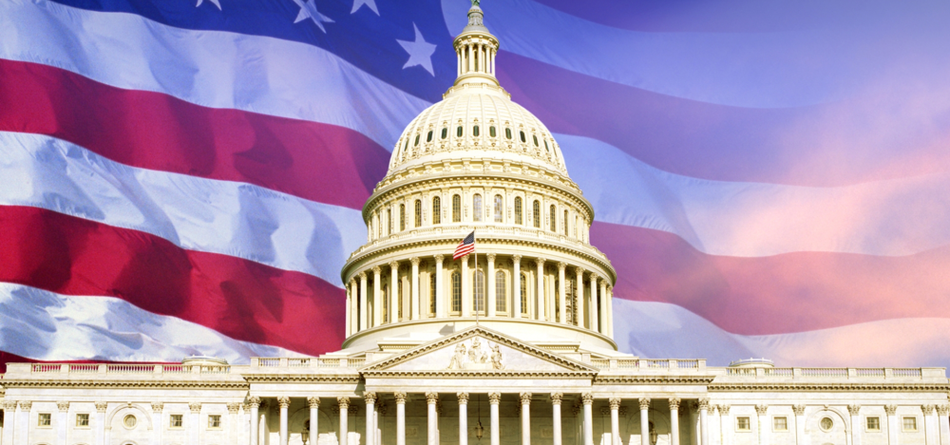 US Capitol building with an american flag in the background