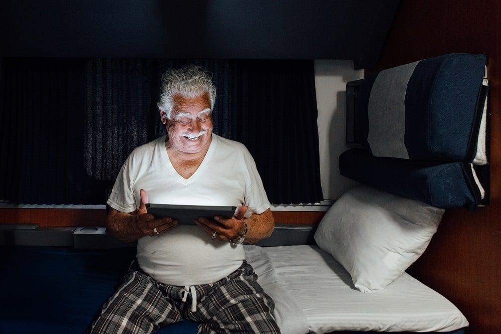 superliner accessible bedroom tablet at night
